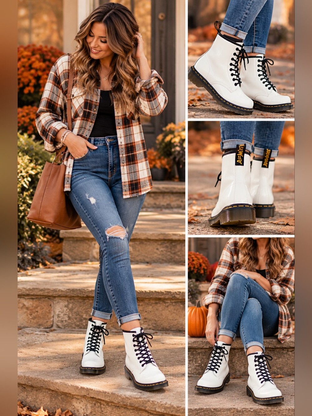 Dr. Martens White Patent 8-Eye Lace-Up Boots with Black Accents